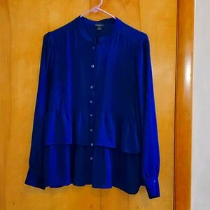Navy Ruffle Long Sleeve Blouse